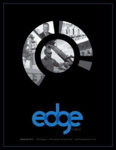 A black cover features the word "edge" in blue at the bottom. Above, a circular design contains black-and-white photos of smiling men working with industrial equipment. Text at the bottom lists topics like VFD Impact and Seed Treatment for Corn.