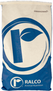 A large white and blue bag labeled "RALCO Animal Nutrition," featuring a circular logo with a stylized leaf and letter "R" design.