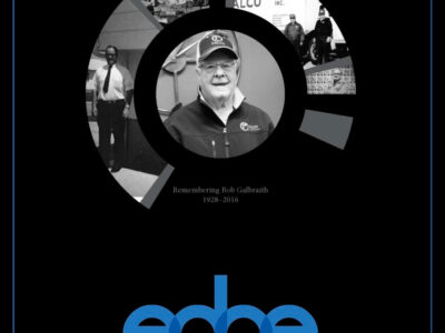 A magazine cover with the title “edge by Ralco.” Features black and white photos of Bob Galbraith, with the text “Remembering Bob Galbraith 1928–2016.” March 2017 issue, including article highlights at the bottom.