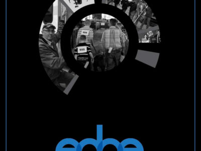 A black magazine cover features the word "edge" in large blue letters and four circular segments with grayscale images: a drone, people gathered, a man holding a pig, and hands. Text at the bottom lists December 2017 and article topics.