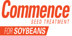 Logo with "Commence" in large orange letters, "Seed Treatment" in smaller orange text, and "For Soybeans" in bold white and orange text on a red banner below.