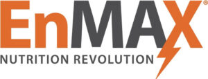 Logo for “EnMAX Nutrition Revolution.” “En” is in orange, “MAX” is in gray with an orange lightning bolt forming part of the “X.” “Nutrition Revolution” is written in gray below the brand name.