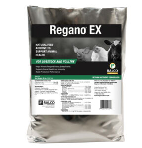 A silver bag of Regano EX natural feed additive for livestock and poultry by Ralco, featuring images of a piglet, chick, and cow, with product details and directions printed on the front label.