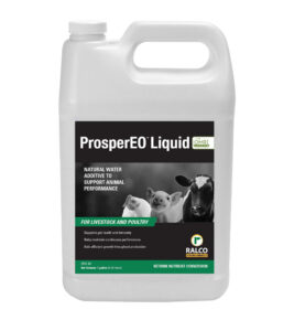 A white plastic gallon container labeled "ProsperEO Liquid" by Ralco, marketed as a natural water additive for animal health. The label features images of a piglet, lamb, and calf and green highlights for livestock and poultry.