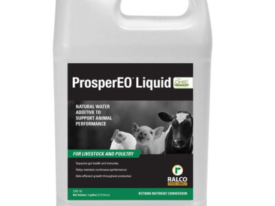 A white plastic gallon container labeled "ProsperEO Liquid" by Ralco, marketed as a natural water additive for animal health. The label features images of a piglet, lamb, and calf and green highlights for livestock and poultry.
