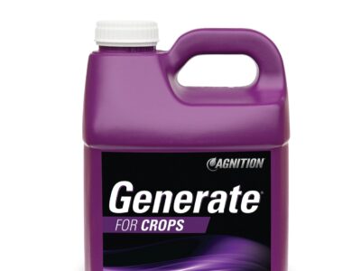 A purple plastic container labeled "Generate for Crops" by Agnition, with a white cap and handle, designed for agricultural use.