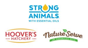 Logos for three brands: "Strong Animals with Essential Oils" (blue text, yellow drop), "Hoover’s Hatchery" (red text, Rudd, Iowa), and "NatureServe with Essential Oils" (green and brown text, leaf detail).