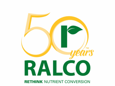 Logo for Ralco’s 50th anniversary, featuring a large yellow ‘50’, a green leaf in the ‘0’, ‘years’ in yellow script, and the tagline ‘RETHINK NUTRIENT CONVERSION’ in green below the company name.