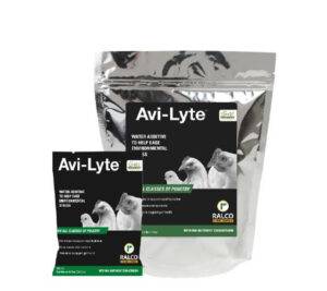 Two silver packages of Avi-Lyte water additive for poultry, one large and one small, both featuring images of chickens and turkeys on the front with black, green, and white labeling.
