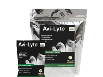 Two silver packages of Avi-Lyte water additive for poultry, one large and one small, both featuring images of chickens and turkeys on the front with black, green, and white labeling.