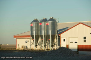 Three large metal grain silos stand beside a beige and red-roofed agricultural building under a clear sky. The area around the silos is gravel, and farmland stretches into the background.