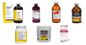 A collection of various livestock antibiotics in bottles, jars, and a tube, each with distinct labels and packaging, arranged in two rows against a white background.