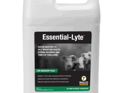 A white plastic container labeled "Essential-Lyte" for nursery pigs, featuring an image of two piglets. The label mentions it is a water additive to help maintain health during weaning and times of challenge.
