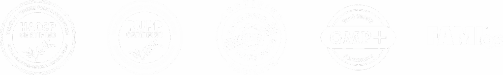 Four faded certification logos in a row, including HALAL, RMPP, GMP+, and FAMIQS, on a light background. Text and images within the seals are barely visible.