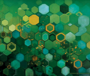 A digital abstract background featuring overlapping hexagons in various shades of green, teal, and yellow, creating a geometric, honeycomb-like pattern with soft edges and scattered glowing accents.