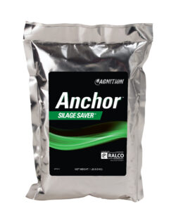 A silver, sealed bag labeled "Agnition Anchor Silage Saver" with a green and black design and a Ralco logo, indicating a net weight of 1 lb (0.45 kg).