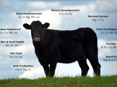 Black cow standing on grass with labels pointing to different body parts, each listing essential minerals for functions like bone and muscle development, nervous system, disease resistance, skin, fertility, appetite, and milk production.