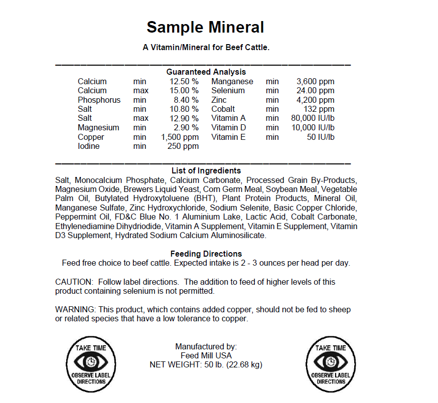 Sample mineral tag for beef mineral