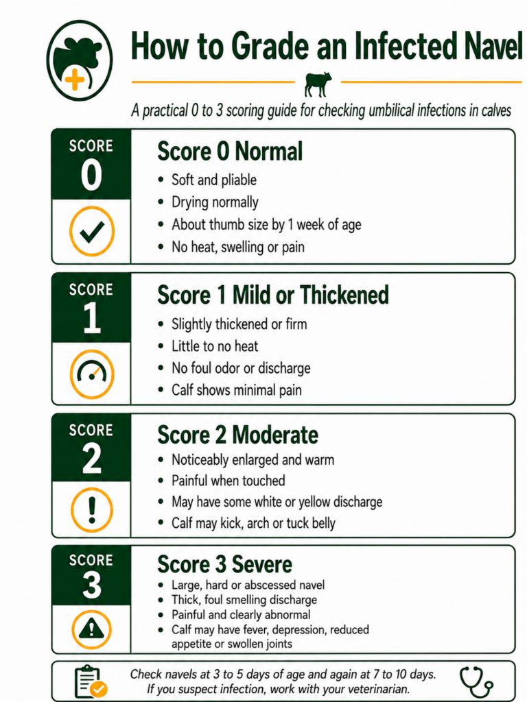 Infographic titled "How to Grade an Infected Navel" for calves, showing a scoring guide from 0 (normal) to 3 (severe), with symptoms and actions for each level, plus a reminder to check navels and consult a vet if needed.