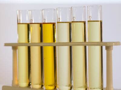 Six test tubes filled with liquids of varying yellow shades are held in a beige test tube rack against a plain white background.