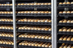 Rows of black trays filled with brown eggs are stacked on metal racks, likely in an industrial incubator or egg storage facility. The eggs are neatly arranged in uniform rows.