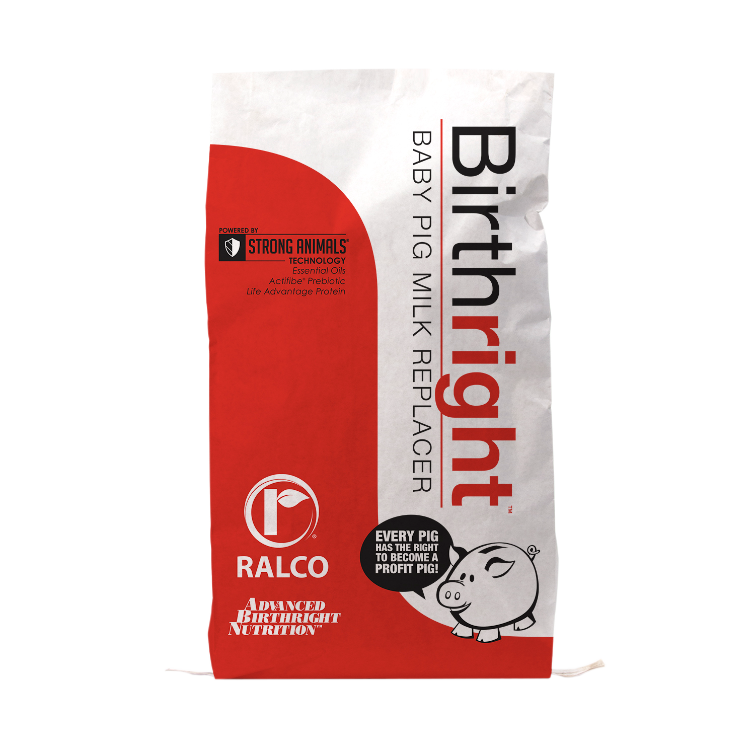 A white and red bag labeled "Birthright Baby Pig Milk Replacer" by Ralco, featuring a cartoon pig and text promoting animal nutrition and profit benefits.