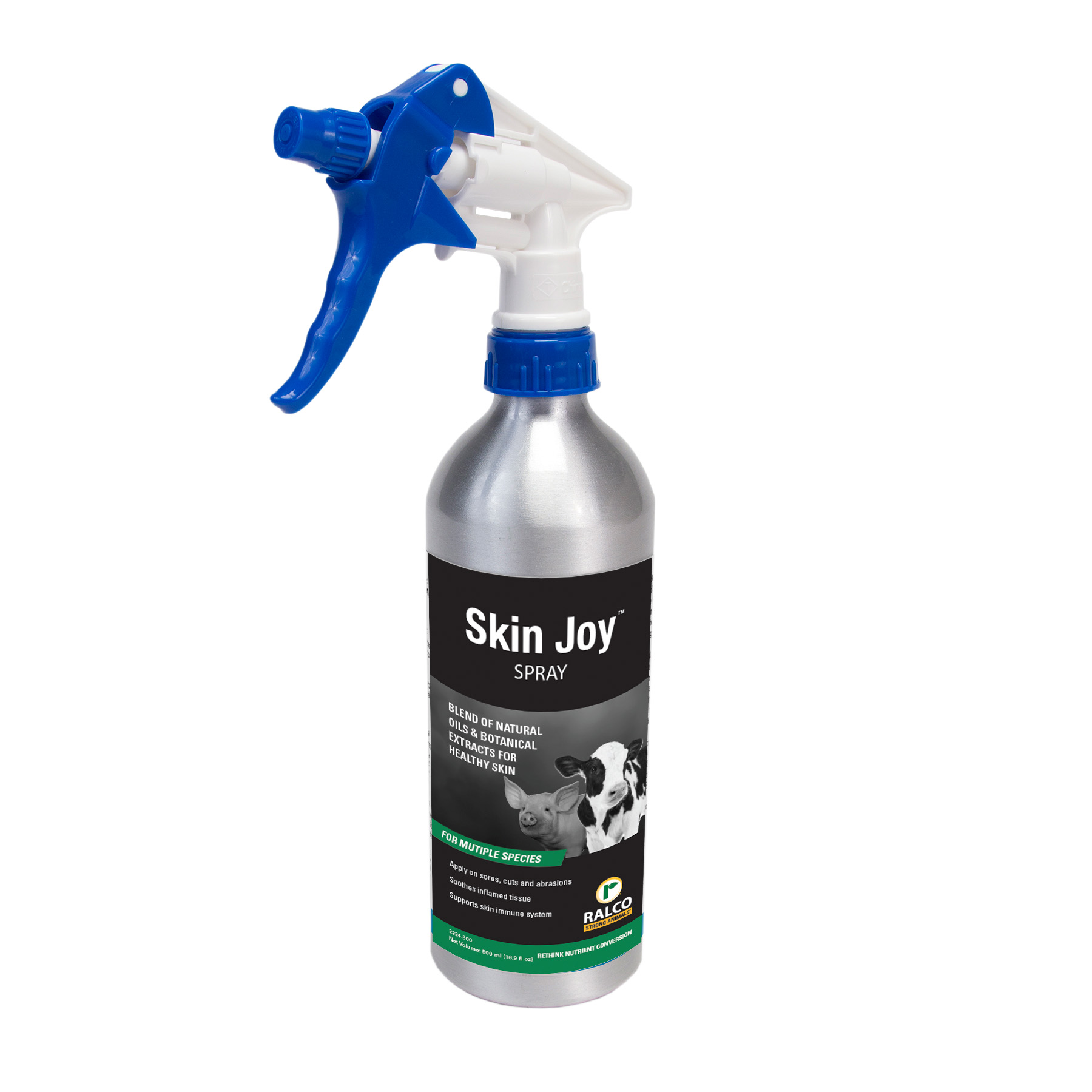 Skin Joy Spray by Ralco comes in a silver bottle with a blue and white trigger, green accents, and features a cow image on the label.