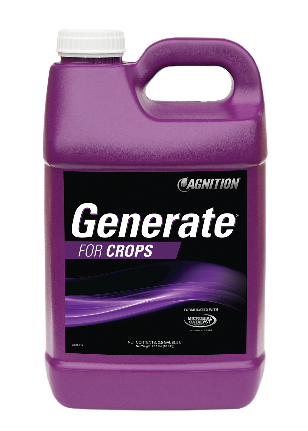 A purple plastic container labeled “Agnition Generate for Crops” with a black label and white and purple text, featuring a handle and a screw cap on top.