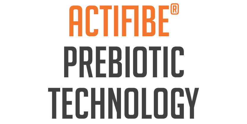 Text reads "ACTIFIBE PREBIOTIC TECHNOLOGY" with "ACTIFIBE" in large orange letters and "PREBIOTIC TECHNOLOGY" in large black letters on a light background.