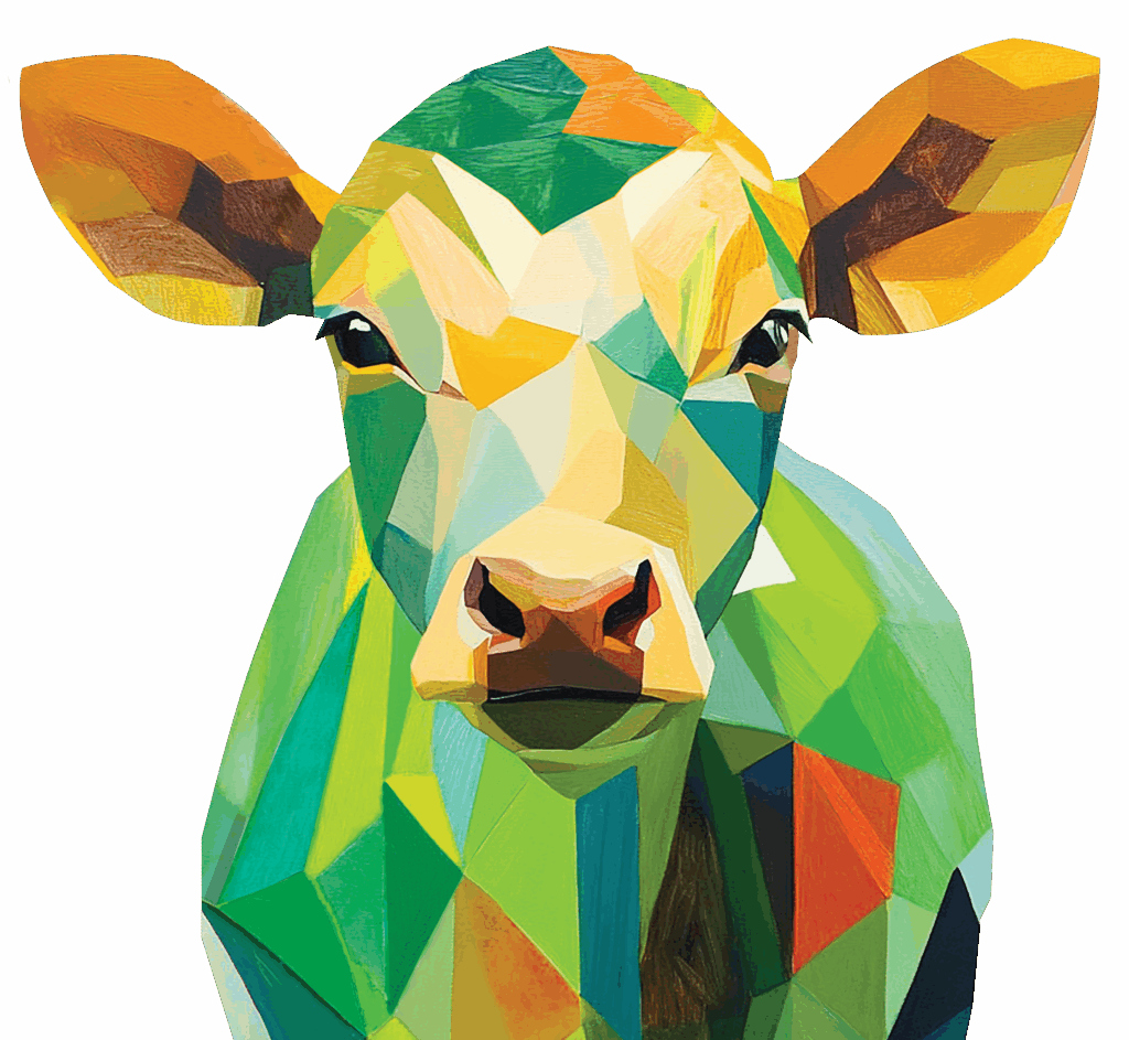 A colorful geometric illustration of a cow, featuring bold, angular shapes in shades of green, yellow, orange, and blue, set against a plain white background.