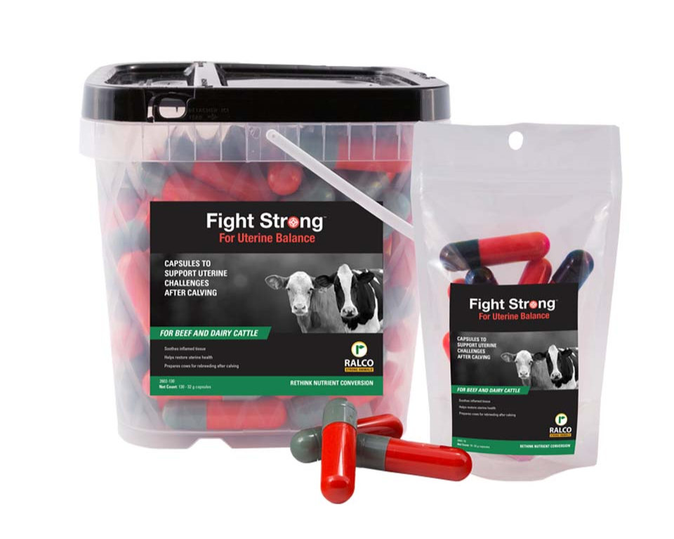 Fight Strong for Uterine Balance packaging. A natural capsule that helps sooth inflamed uterine tissue in cows and restore uterine health after calving.