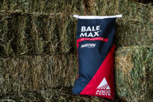 A bag labeled "Bale Max Hay Preservative" by AGCO Parts rests upright against stacked bales of hay. The bag is black and red with white text and logos.
