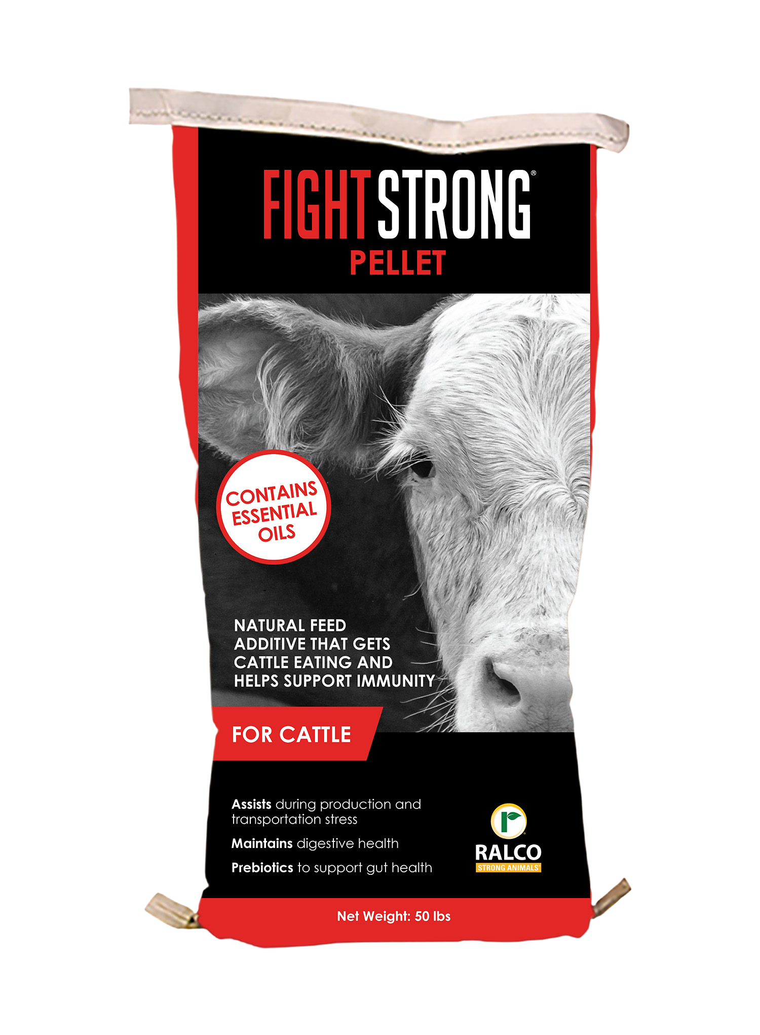 A 50 lb bag labeled "FIGHT STRONG Pellet for Cattle" features a close-up image of two cows. The bag advertises essential oils, immune support, and digestive health benefits, and displays the Ralco logo.