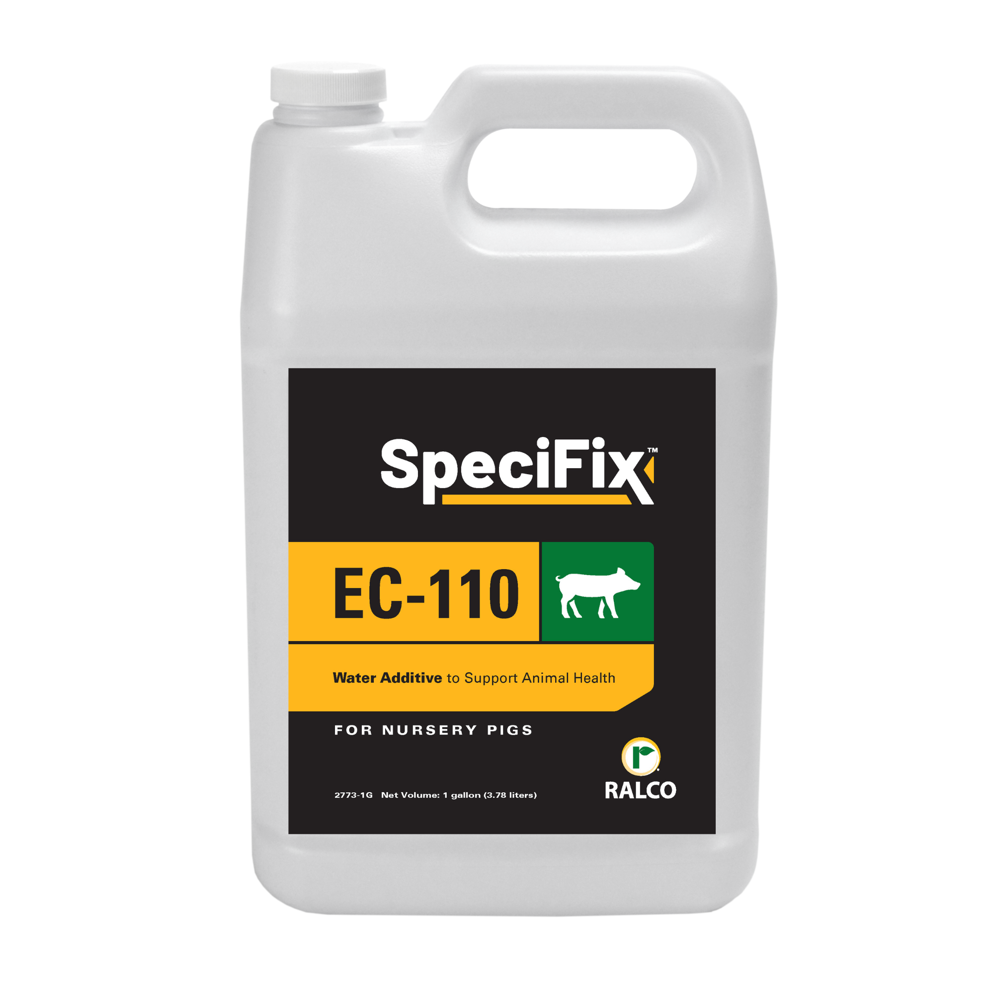 A white 1-gallon plastic jug labeled "SpeciFix EC-110" with a pig icon, marketed as a water additive to support animal health, specifically for nursery pigs. The Ralco logo appears at the bottom right.