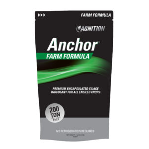 A black and green bag labeled "Anchor Silage Farm Formula," promoting a premium encapsulated silage inoculant for all ensiled crops, with a 200-ton pack size and "No Refrigeration Required" at the bottom.