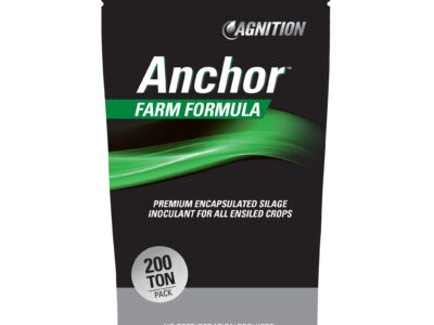 A black and green bag labeled "Anchor Silage Farm Formula," promoting a premium encapsulated silage inoculant for all ensiled crops, with a 200-ton pack size and "No Refrigeration Required" at the bottom.