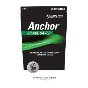 A black, green, and white package labeled "Anchor Silage Saver" for corn silage, with a green wave design and the text "500 Ton Pack" and "No Refrigeration Required.