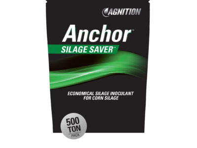 A black, green, and white package labeled "Anchor Silage Saver" for corn silage, with a green wave design and the text "500 Ton Pack" and "No Refrigeration Required.
