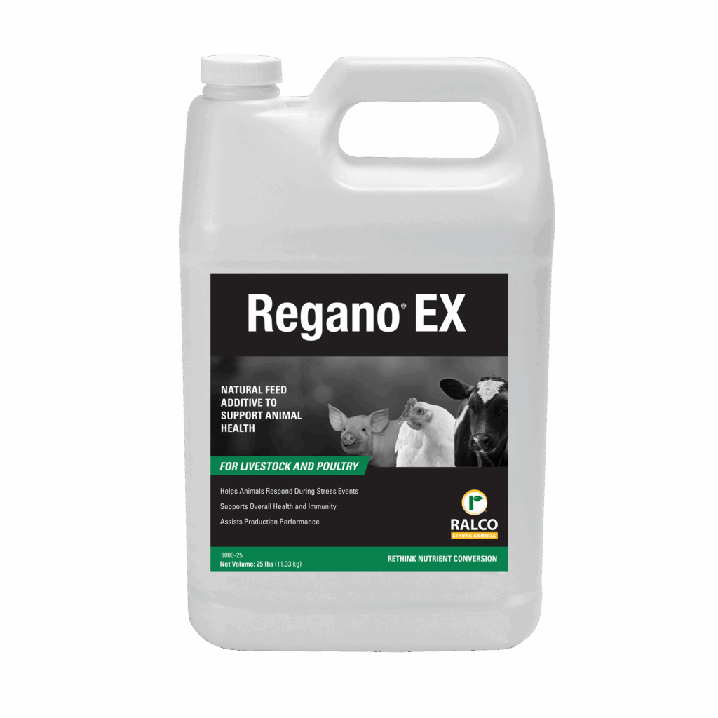 A white plastic container of Regano EX feed additive, featuring images of a pig, chicken, and cow on the label, indicating it is for livestock and poultry. The label also displays the Ralco logo and product information.