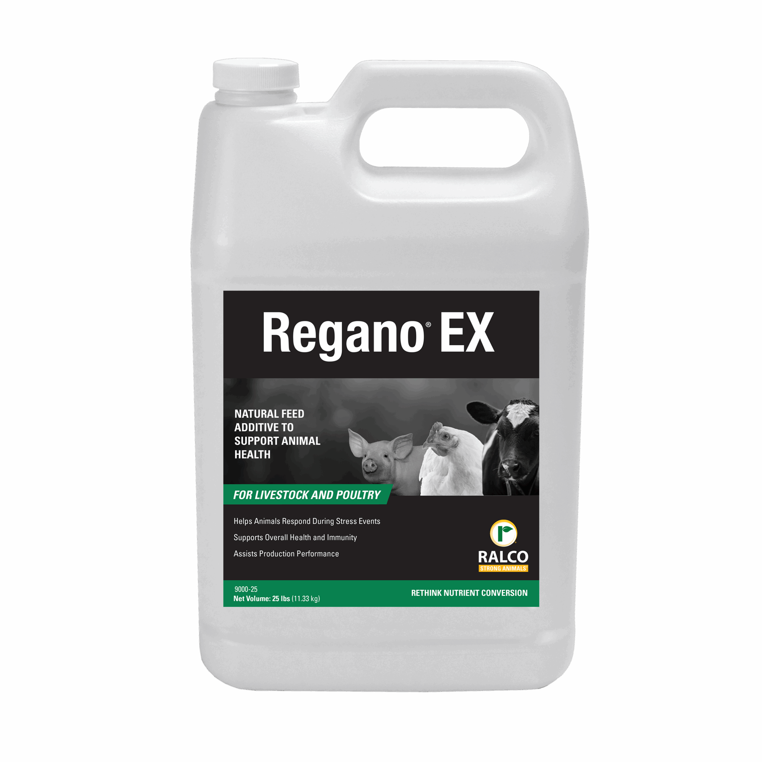 A white plastic container of Regano EX feed additive, featuring images of a pig, chicken, and cow on the label, indicating it is for livestock and poultry. The label also displays the Ralco logo and product information.