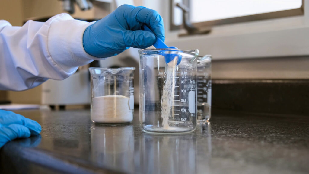 A gloved hand uses a spatula to transfer a white powder from one beaker to another in a laboratory setting, with measuring marks visible on the glassware.
