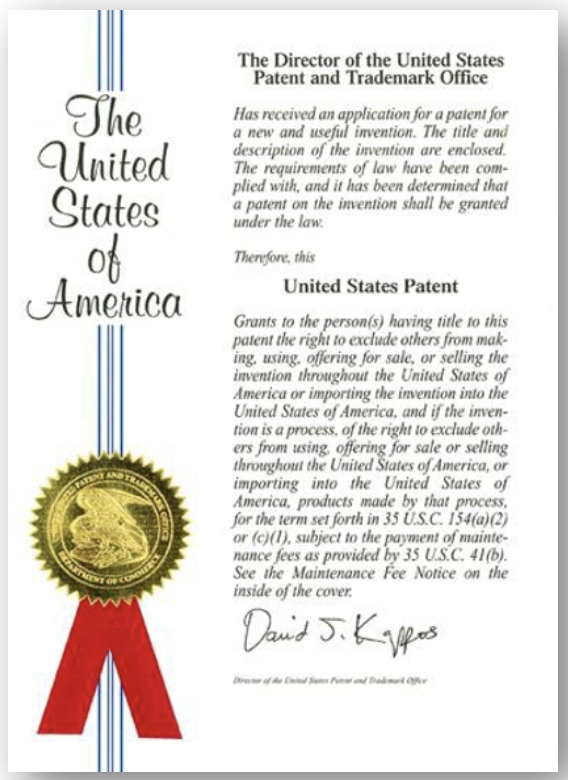 Official United States patent certificate with a gold seal and red ribbon, featuring the heading "The United States of America," a message about patent rights, and a signature from the Director of the Patent Office.