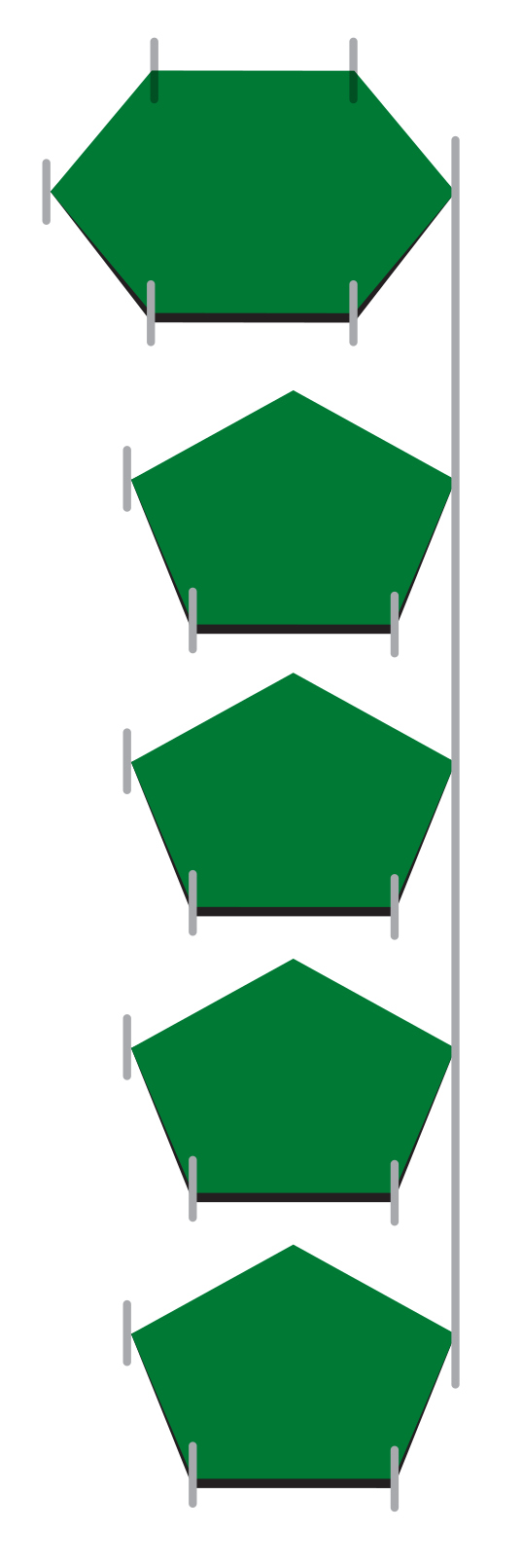 Five horizontal green pentagon shapes, each attached to a vertical gray pole on the right and small gray pegs on the sides, arranged in a staggered stack. The background is white.