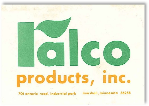 A business card for Falco Products, Inc. The logo "falco" is in green with a leaf over the "f". The text "products, inc." is in orange below, along with the address: 701 Ontario Road, Marshall, Minnesota 56258.