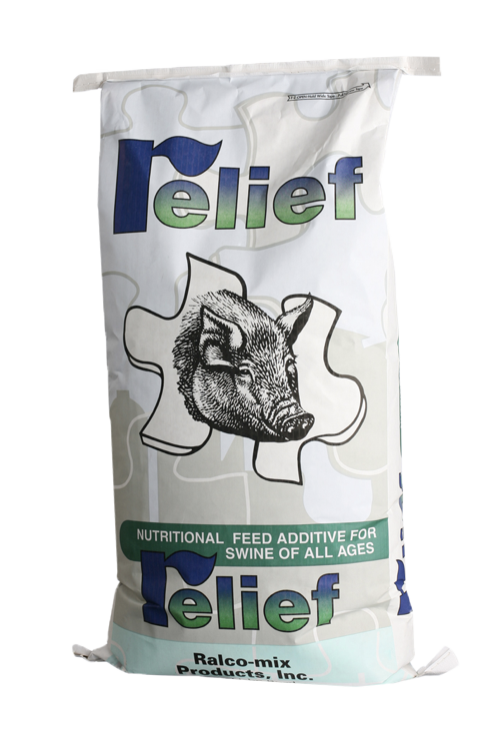 A white bag labeled "Relief" features an illustration of a pig's head inside a puzzle piece. Text below reads "Nutritional feed additive for swine of all ages." The bag is made by Ralco-mix Products, Inc.
