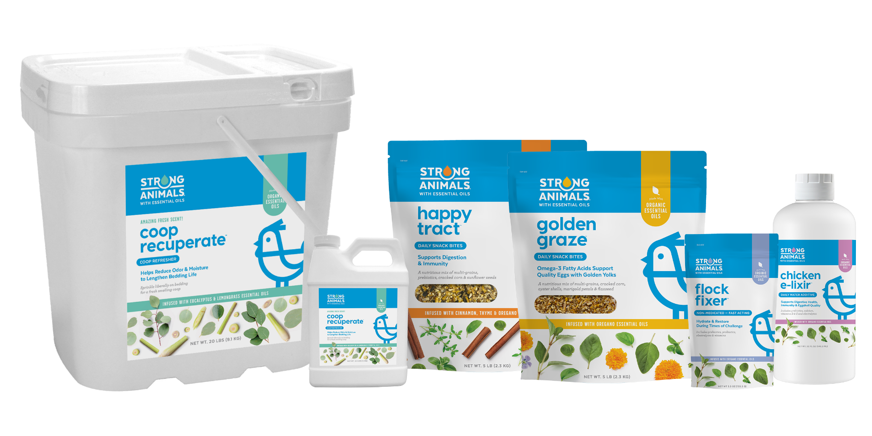 A variety of Strong Animals poultry care products, including Coop Recuperate, Happy Tract, Golden Graze, Flock Fixer, and Chicken E-lixir, are displayed in white and blue packaging with green and orange accents.