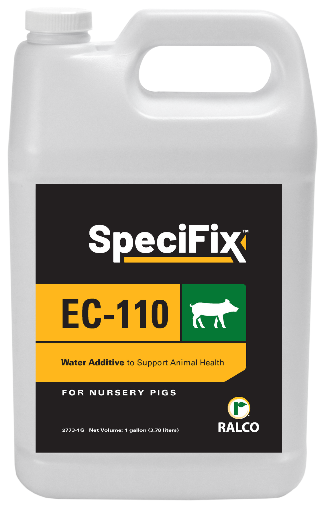 A one-gallon plastic jug labeled "SpeciFix EC-110," a water additive for nursery pigs, produced by Ralco. The label features a pig silhouette and text supporting animal health.