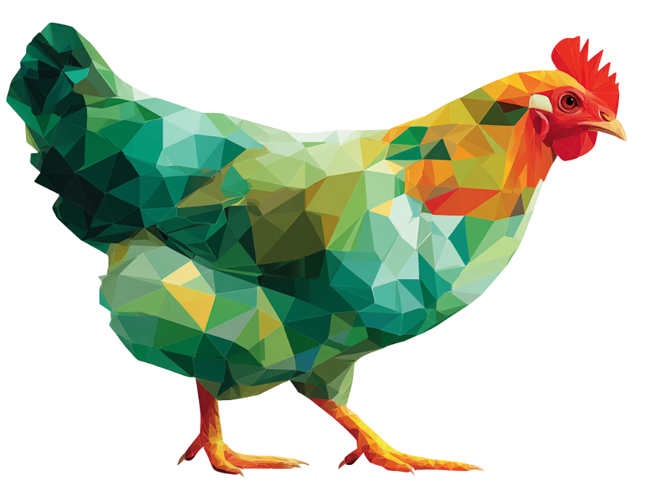 A digital illustration of a chicken created with colorful geometric shapes, featuring shades of green, yellow, and orange on a white background.