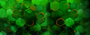 A digital abstract image features green hexagons with orange outlines and circuit-like patterns, creating a futuristic and technological appearance. The background blends various shades of green and subtle glowing effects.