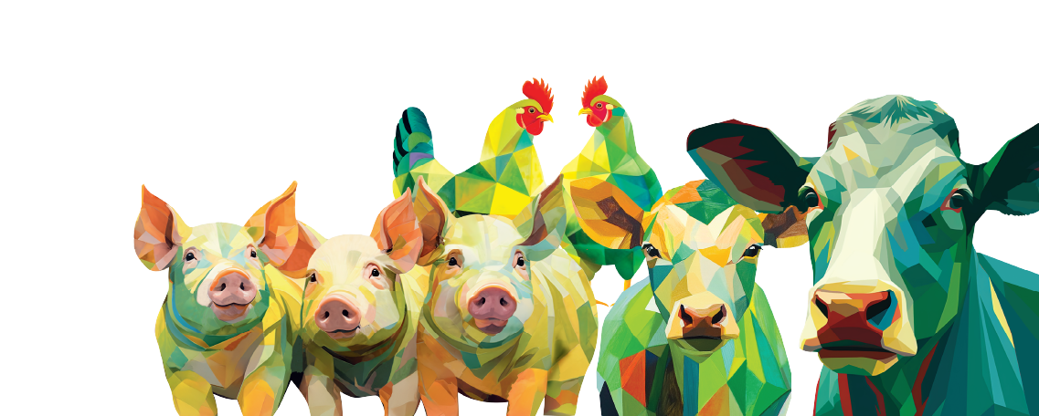 Colorful, geometric illustration of three pigs, two cows, and two chickens with abstract, faceted shapes and vibrant hues, set against a plain white background.